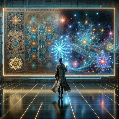 The primary subject of the image is a person standing in a room with a futuristic, digital art-like background. The setting appears to be a space with a large screen or painting featuring a blue and white design. The visual style of the image is a combination of photo and digital art, creating a unique and intriguing atmosphere. The colors in the image are predominantly blue and white, which contribute to the futuristic and technological vibe of the scene.
